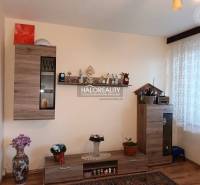 Living room in a three-room apartment, wooden furniture, decor and flowers by the window.