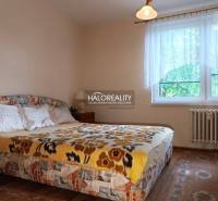 A bedroom in a 3-room apartment with a blanket, a lamp, and a window with white curtains.