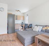 Living room in a 2-room apartment with a sofa, dining table, and kitchen unit.
