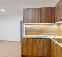 Kitchen in a 2-room apartment, light floors, wooden cabinets, built-in oven.