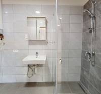 Bathroom in a 2-room apartment with a shower, toilet, and washing machine.
