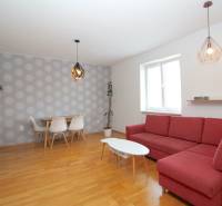 Living room in a two-room apartment with a red sofa, dining table, and white shelf.
