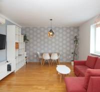 Living room in a 2-room apartment with a red sofa, dining table, and TV.