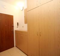 Entrance hallway in a 2-room apartment with wooden cabinets and tiles.