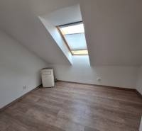 Attic room with wooden flooring and a skylight in a 4-room apartment.