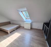 Attic room with a skylight, bed, dresser, and wardrobe in a 4-room apartment.