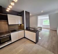 A kitchen with a dining counter and a view of the living room in a 4-room apartment.