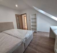 Bedroom in a 4-room apartment with a bed, shelf, and slanted ceiling.