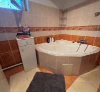 A bathroom in a family house with a corner bathtub and orange tiles.