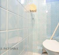 A bathroom in a family house with blue tiles and a toilet.