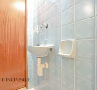 Blue bathroom in a family house with a sink and wooden door.
