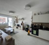 Living room in a 2-room apartment with a light kitchen unit and a comfortable sofa.