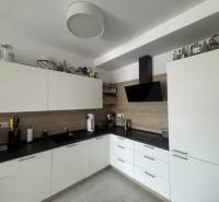 The kitchen in a 2-room apartment with white cabinets and a black extractor hood.
