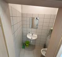 A restroom with a mirror, sink, and green bucket in commercial premises.
