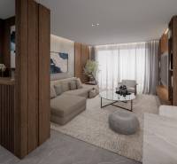 Living room with a sofa and a coffee table in a 3-room apartment, wooden elements dominate.