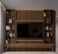 Elegantly lit living room with a wooden wall, television, and shelves in a 3-room apartment.