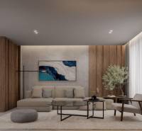A comfortable living room of a 3-room apartment with a brown wall, sofa, painting, and table.