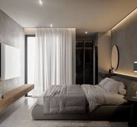 A stylish bedroom with a large bed, television, and minimalist design in a 3-room apartment.