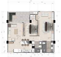 Floor plan of a 3-room apartment with two bedrooms, a living room, a kitchen, and a balcony.