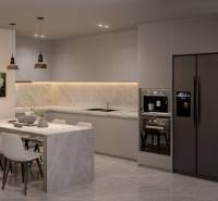 Modern kitchen in a 3-room apartment with an island, dining table, and appliances.