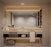 Elegant bathroom in a 3-room apartment with a double sink, candles, and decorative lighting.