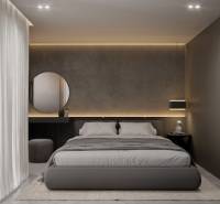 Stylish bedroom with a double bed and decorative lighting in a 3-room apartment.