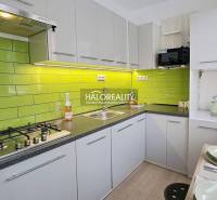 A kitchen unit with green tiles, a hob, and dishes in a studio apartment.