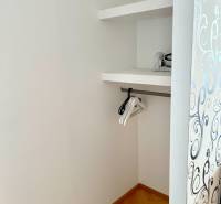 A wardrobe in a 2-room apartment with wooden flooring, shelves, and hangers.