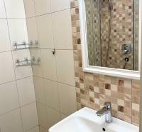A bathroom in a 2-room apartment with a sink, mirror, and tiles in neutral tones.