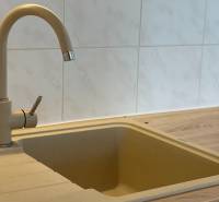 Kitchen sink and faucet in a 2-room apartment with a wooden countertop.