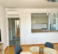 Living room with kitchen, air conditioning, mirrored wardrobe, parquet flooring in a 2-room apartment.