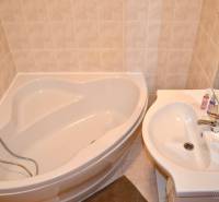 A bathroom with a corner bathtub and a sink in a studio apartment.