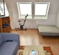 Living room with a sofa bed, table, and stationary bike in a studio apartment.
