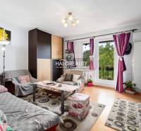 Living room in a 2-room apartment with a light sofa, carpet, and balcony doors.