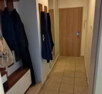 Entrance hallway in a 3-room apartment with a coat rack and tiles.