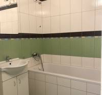 Bathroom in a 3-room apartment with a bathtub, sink, and tiles in white and green colors.