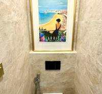 A bathroom in a 3-room apartment, with a picture above the toilet and tiles.