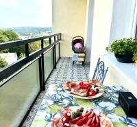 Balcony of a 3-room apartment with a view, food, and a baby stroller.