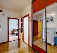 Entrance hall with a mirrored wardrobe and a view into the living room in a 3-room apartment.