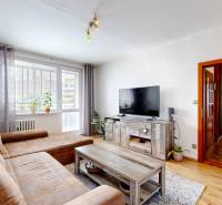 Living room with a sofa and a television in a 3-room apartment, bright interior with wooden elements.