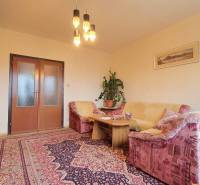 Living room in a 3-room apartment with a sofa, table, and carpet.
