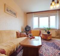 Living room in a 3-room apartment with carpets, wooden furniture, and a comfortable sofa.