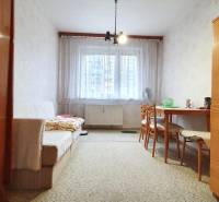 Living room in a 3-room apartment, with retro furniture and a window that lets in light.