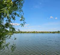 A lake surrounded by greenery under a blue sky in Čaňa, near a cottage.