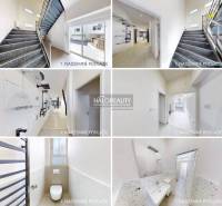 Interior of commercial spaces with white walls, modern staircase, and sanitary facilities.