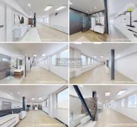 Spacious commercial spaces with modern bathroom facilities and large windows.