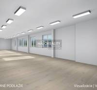 Empty commercial spaces with wooden flooring and a row of lights on the ceiling.
