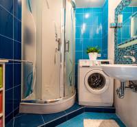 A bathroom in a 3-room apartment with a washing machine, shower corner, and blue tiles.