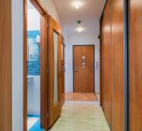 A hallway in a 3-room apartment with wooden doors and built-in wardrobes.