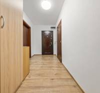 A hallway inside a 3-room apartment with an entrance door and a built-in wardrobe.